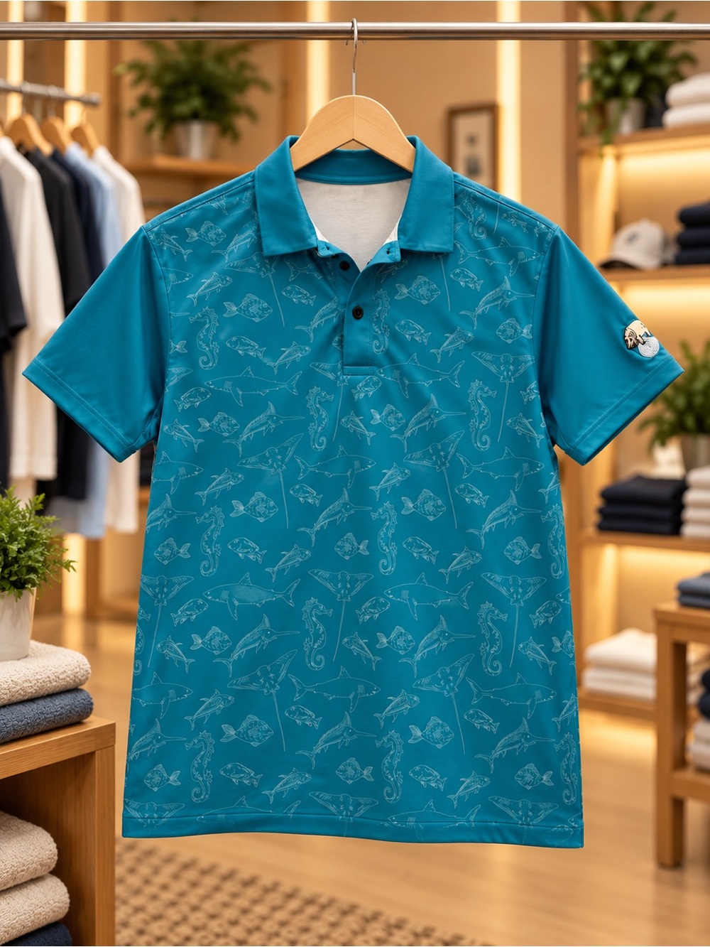 Men's Teal Short-Sleeve Performance Polo with Subtle Marine Print
